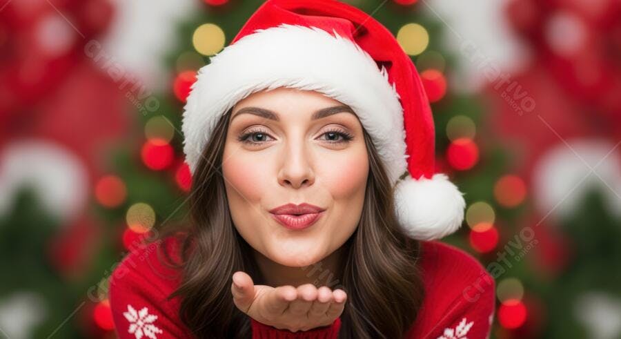 Mulher branca jovem soprando beijo com gorro de Papai Noel e suéter vermelho festivo natal