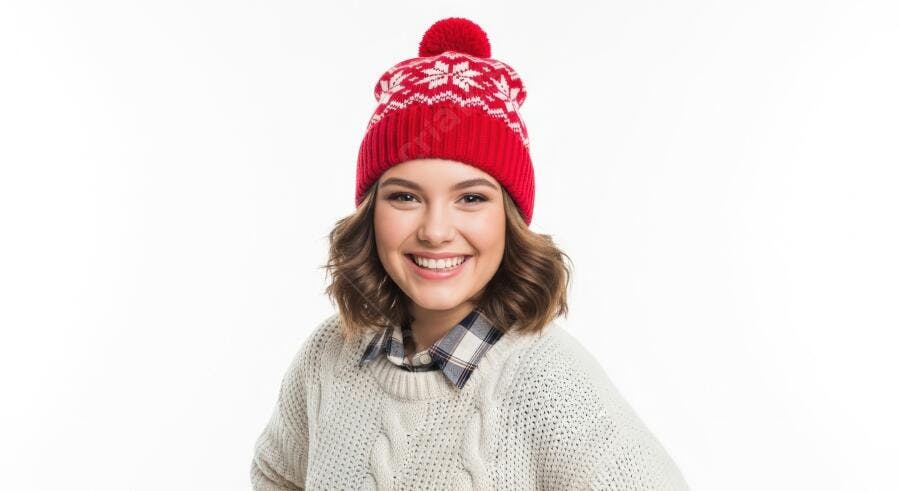 Mulher jovem caucasiana sorrindo com gorro vermelho e suéter de tricô