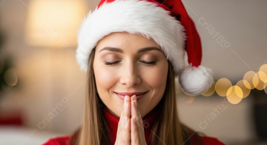 Mulher branca de gorro Papai Noel e suéter vermelho orando feliz Natal