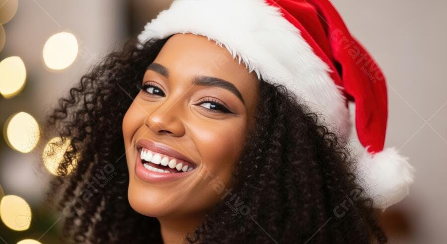 Mulher negra sorrindo feliz com gorro de Papai Noel e cabelo cacheado em fundo natalino