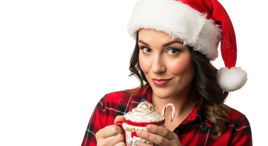 Mulher sorridente com gorro de Papai Noel e chocolate quente festivo