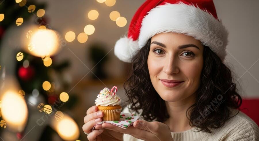 Mulher feliz de gorro Papai Noel segurando cupcake de Natal com luzes festivas