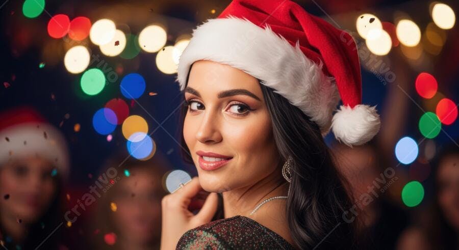 Mulher latina sorrindo com chapéu de Papai Noel em festa de Natal