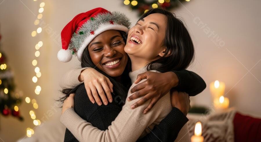 Mulheres diversas abraçadas com gorro de Natal sorrindo em festa natalina