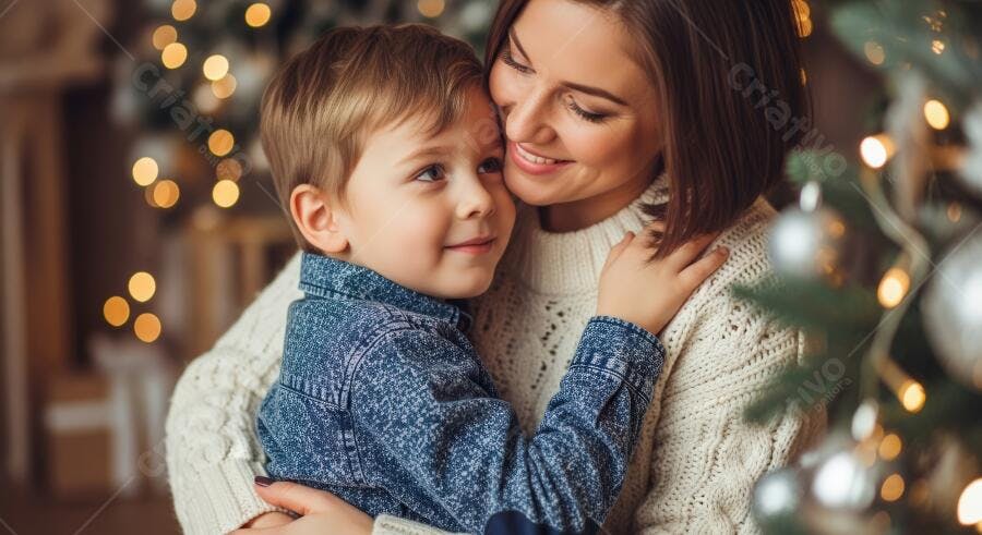 Mãe e filho loiros abraçados sorrindo no Natal com suéter creme e luzes bokeh