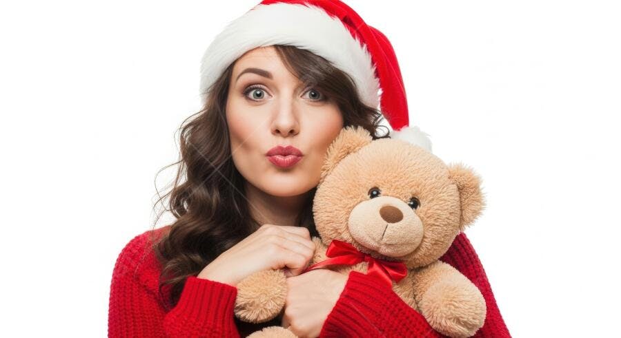Mulher caucasiana com gorro de Papai Noel e urso de pelúcia beijinho festivo