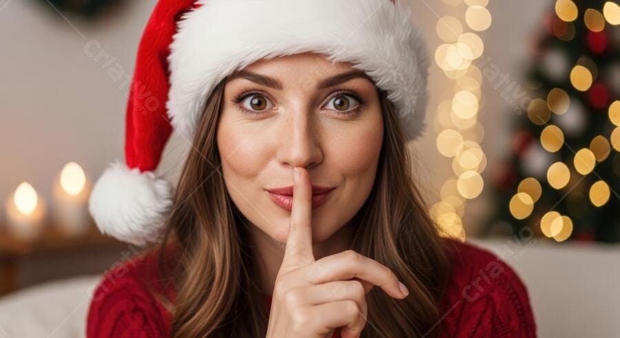 Mulher jovem caucasiana de gorro vermelho de Natal pedindo silêncio festivo