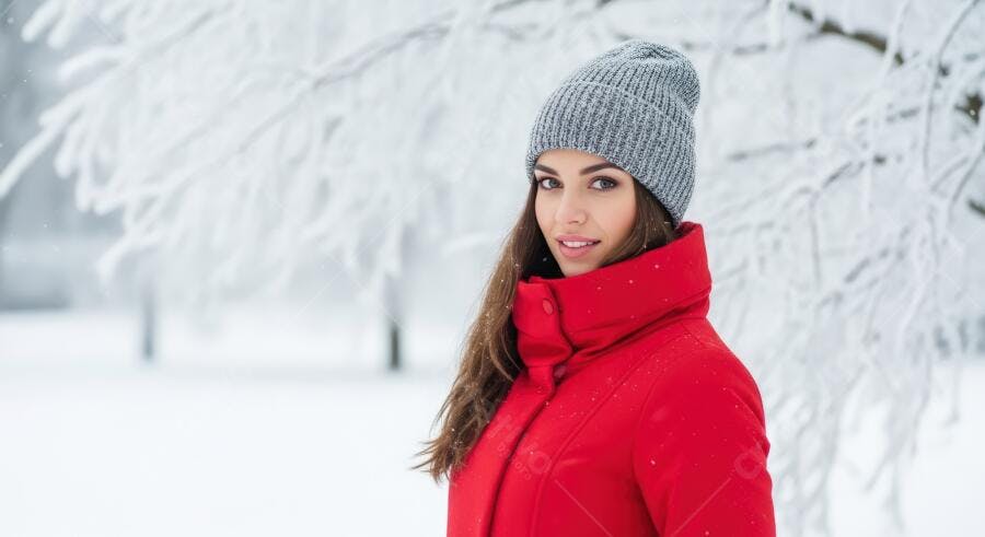 Mulher jovem sorrindo com casaco vermelho e gorro cinza na neve
