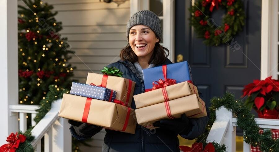 Mulher feliz com gorro cinza e muitos presentes de Natal na porta de casa