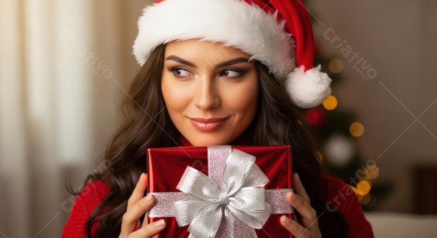 Mulher jovem com chapéu de Papai Noel segurando presente vermelho com laço prateado no Natal