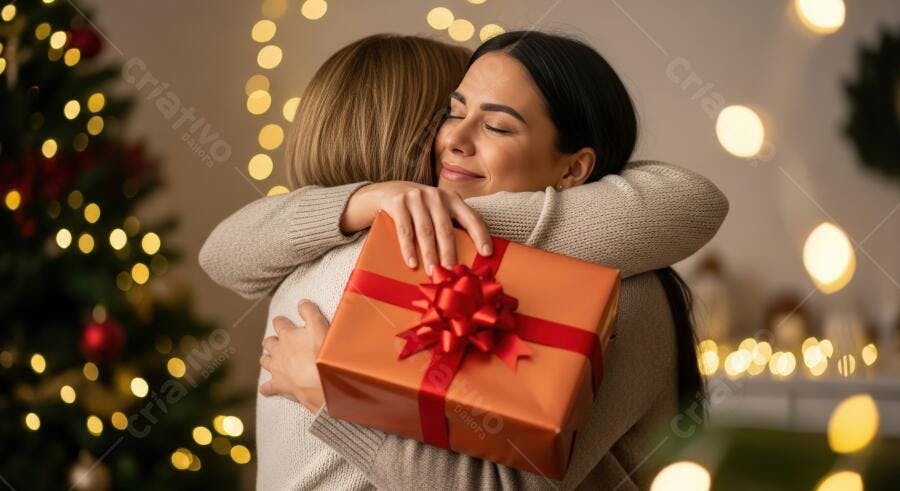 Mulheres felizes se abraçando com presente de Natal