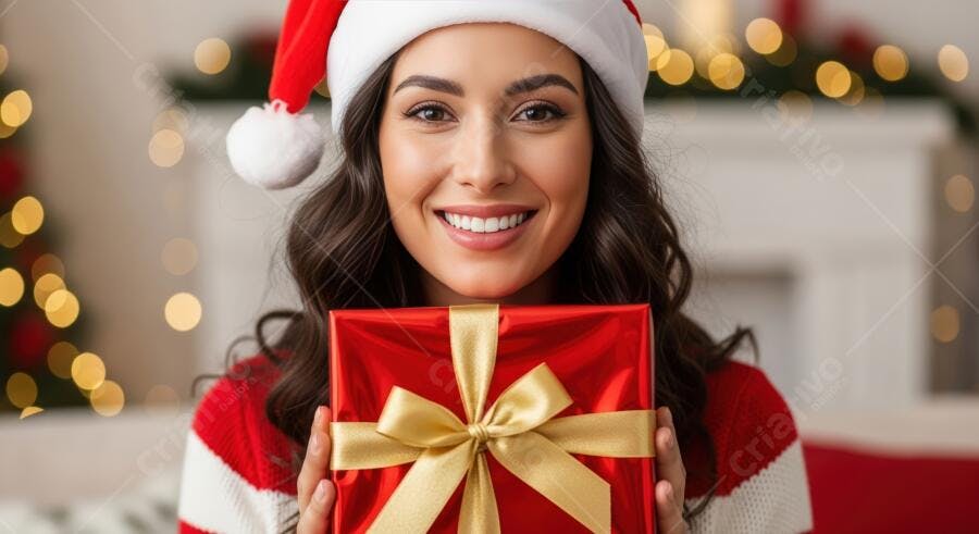 Mulher morena sorridente chapéu Papai Noel presente vermelho laço dourado