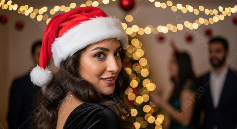 Mulher jovem com gorro de Natal sorrindo em festa de fim de ano