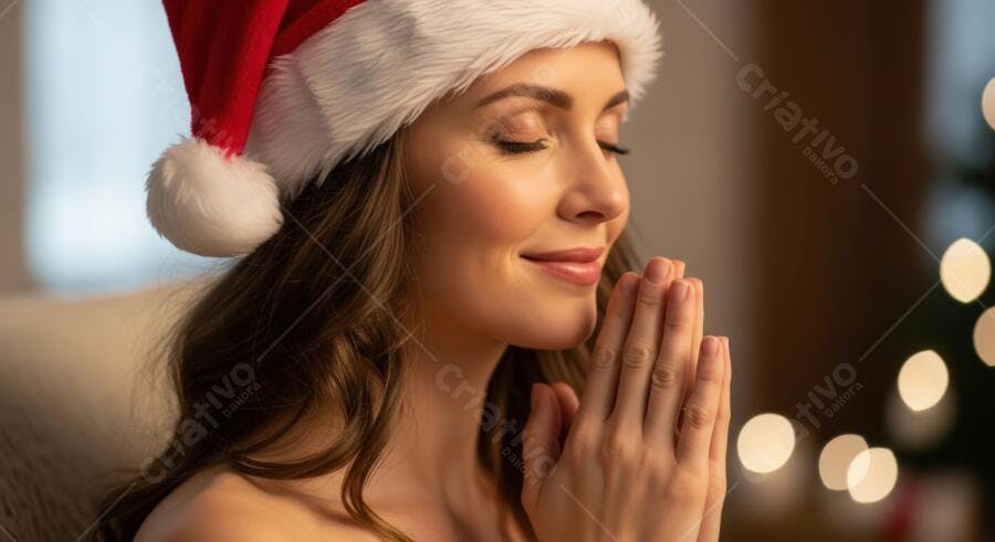 Mulher jovem caucasiana sorrindo com chapéu Papai Noel e mãos em oração no Natal