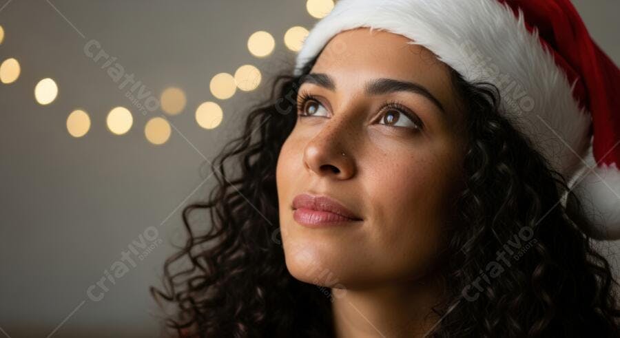 Mulher morena de gorro Papai Noel olhando para cima com luzes natalinas