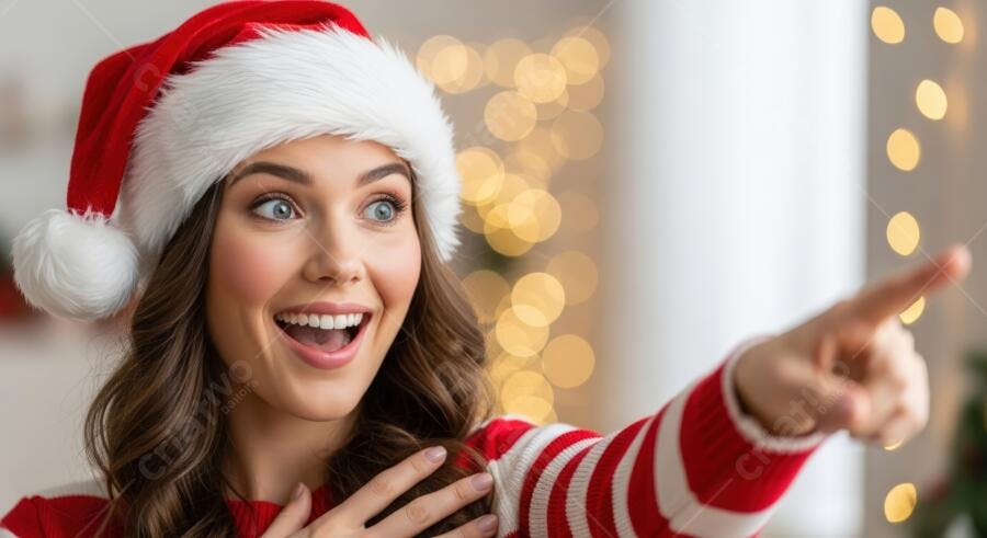 Mulher jovem de gorro de Papai Noel sorrindo e apontando feliz no Natal