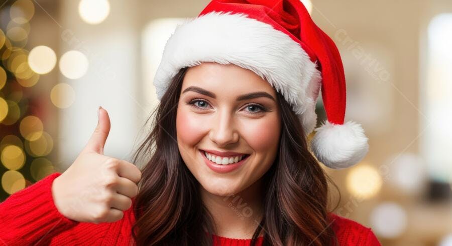 Mulher jovem sorrindo com gorro de Papai Noel e polegar para cima em celebração natalina