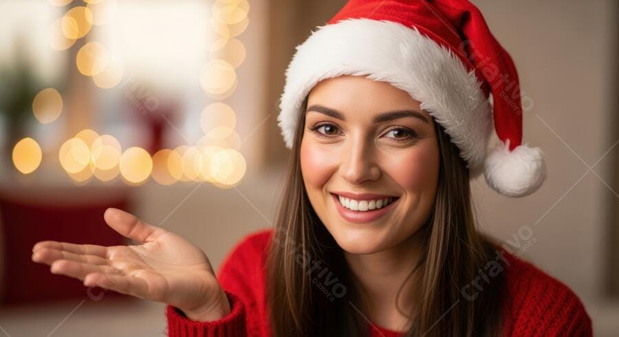 Mulher jovem sorrindo com chapéu Papai Noel vermelho e luzes de Natal festivas
