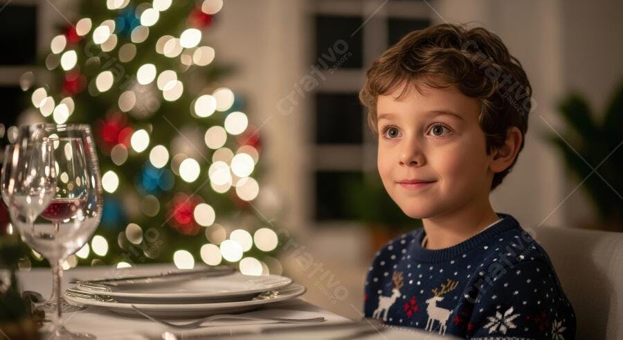 Criança caucasiana sorrindo em jantar de Natal com árvore decorada
