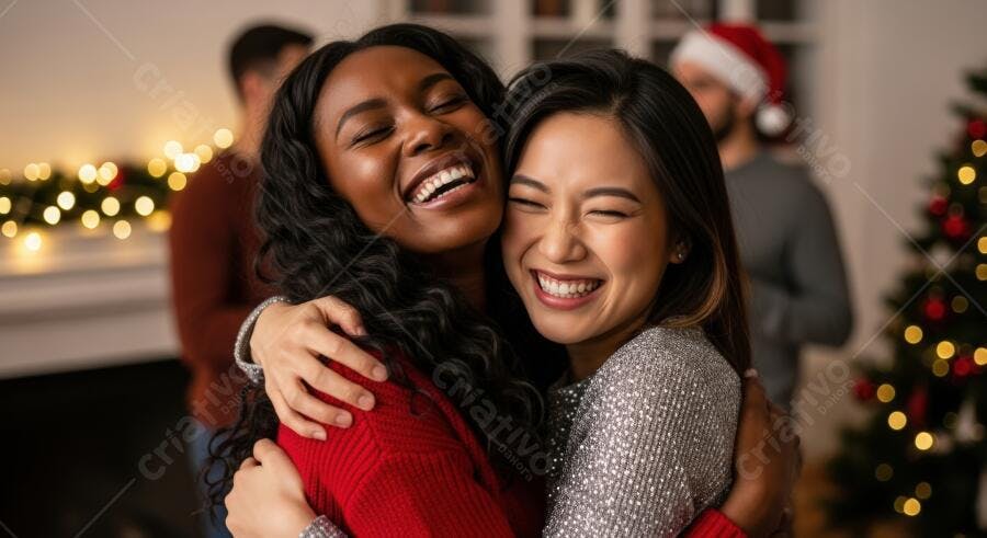 Duas mulheres felizes de etnias diversas se abraçando em festa de Natal