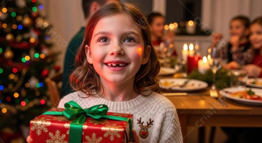 Menina sorrindo segurando presente de Natal vermelho em suéter de rena na ceia familiar
