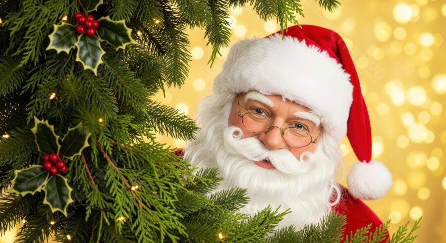 Pai Natal alegre espreitando de trás de pinheiro com bagas no Natal