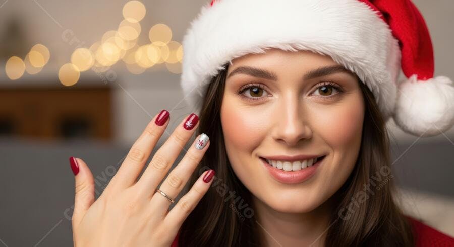 Mulher caucasiana alegre chapéu Papai Noel unhas vermelhas flocos neve festivo