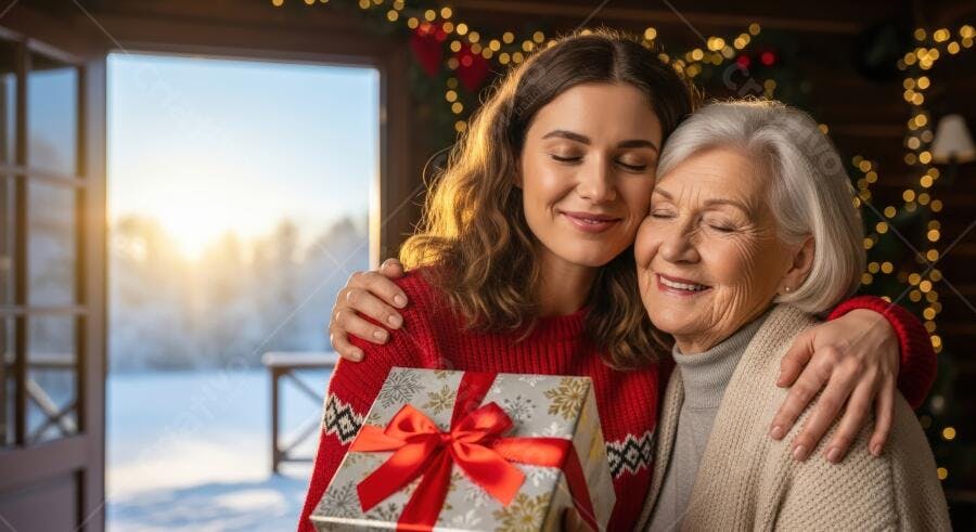 Mulheres felizes abraçadas com presente de Natal em cabana de inverno nevado