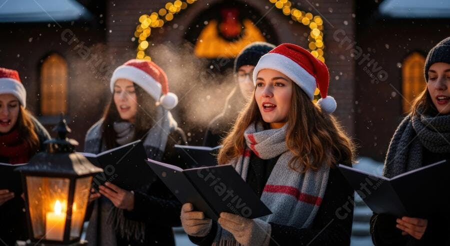Coro jovem cantando canções de Natal na neve com gorros vermelhos