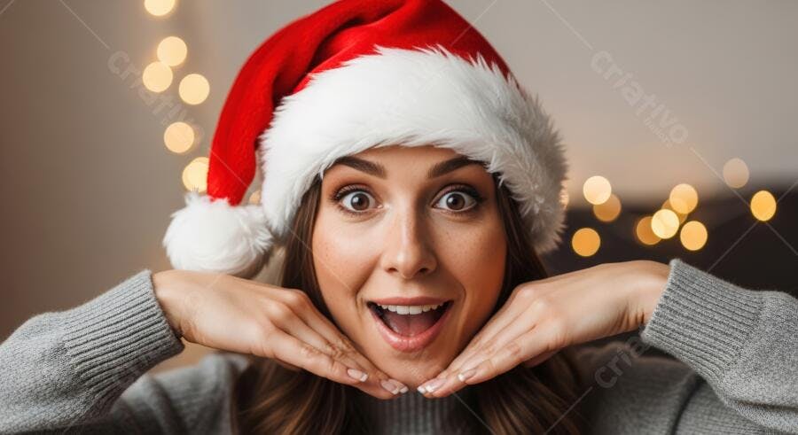 Mulher jovem caucasiana feliz gorro Papai Noel em suéter cinza com luzes natalinas