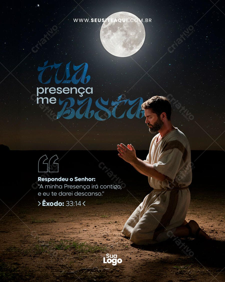 Flyer Religioso Homem Orando Lua Cheia Versículo Bíblico PSD Editável