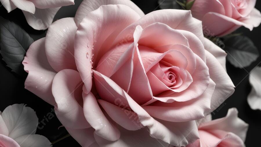 Textura pétalas de rosa rosa claro com gotas para design e fundo