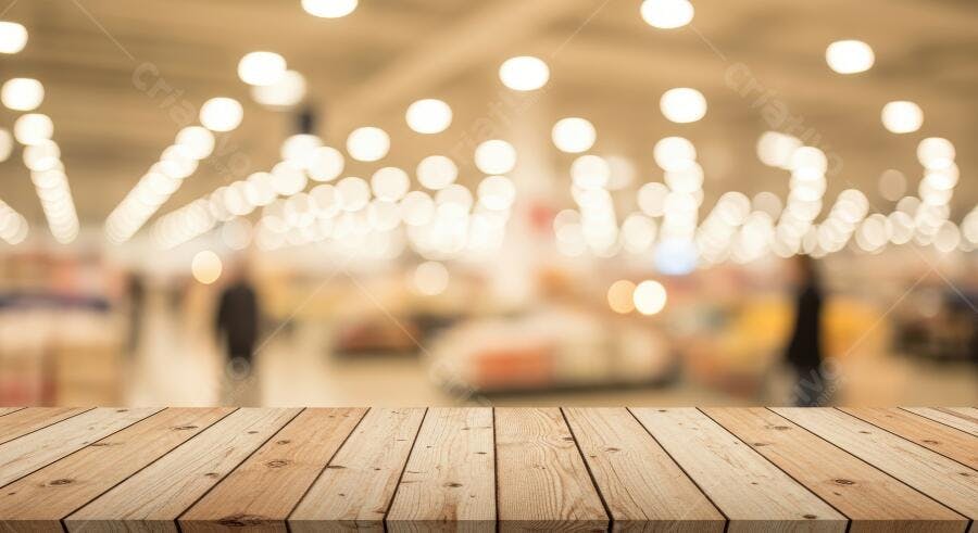 Mesa de madeira clara e fundo bokeh de supermercado iluminado