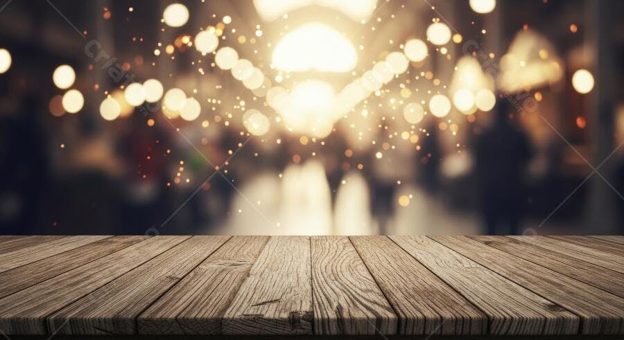 Mesa de madeira rústica com luzes bokeh douradas e fundo desfocado festivo