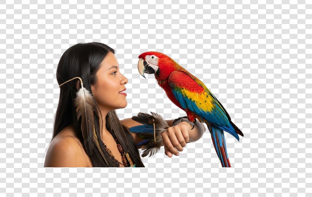 Post Social Media Mulher Indígena Arara Colorida Sentimento Feliz PNG com fundo transparente