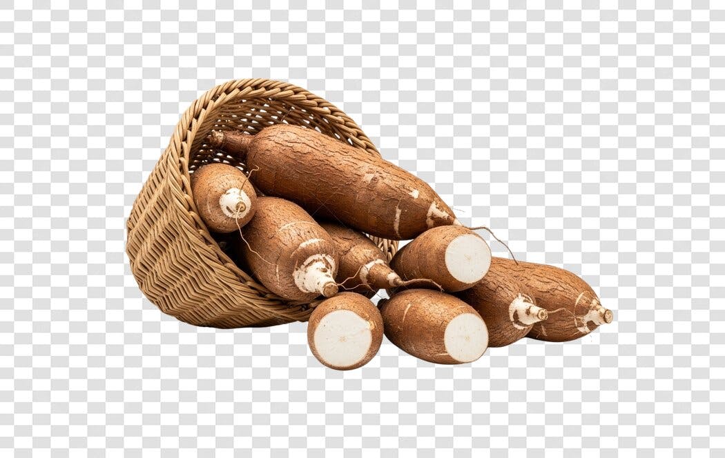 Cesta de Mandioca Fresca Marrom e Branca PNG com fundo transparente