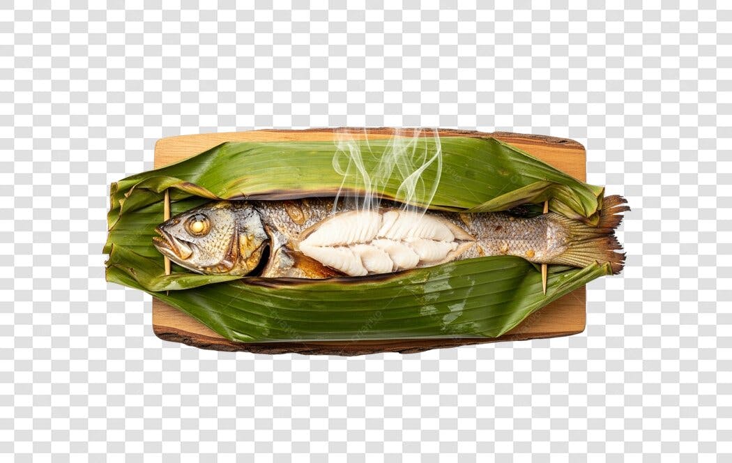 Imagem de Comida Peixe Grelhado na Folha de Banana com Vapor PNG com fundo transparente