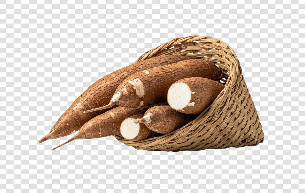 Imagem Mandioca Aipim Raiz Marrom Branca Cesta Vime PNG com fundo transparente