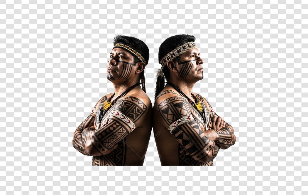 Imagem Dois Homens Indígenas Pintura Corporal Cocar Braços Cruzados PNG com fundo transparente