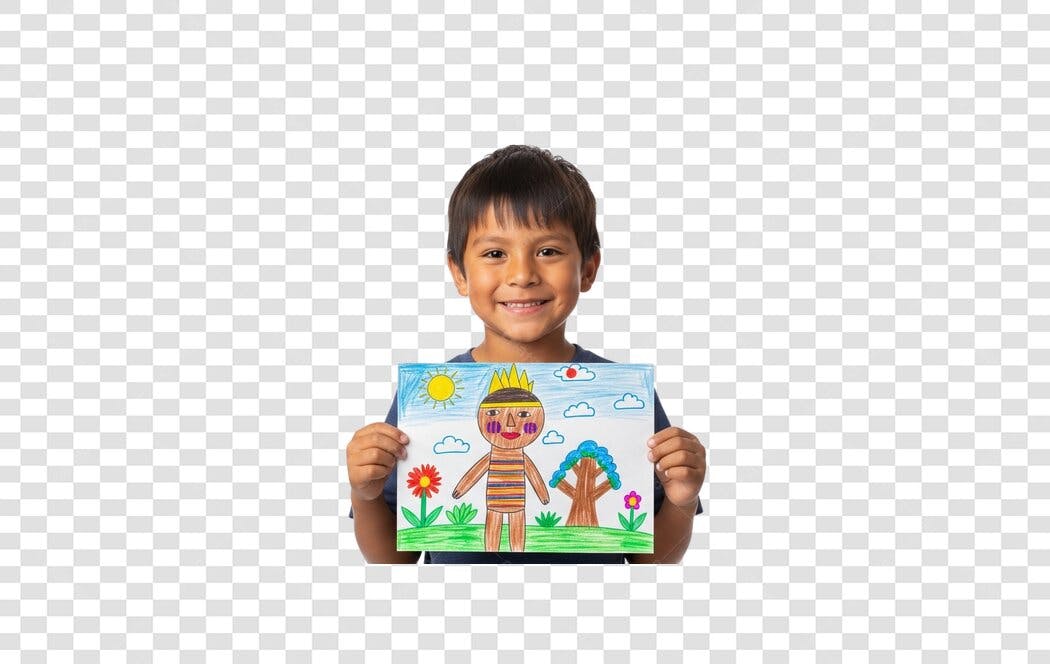 Foto Menino sorridente, etnia mista, segurando desenho infantil colorido PNG com fundo transparente