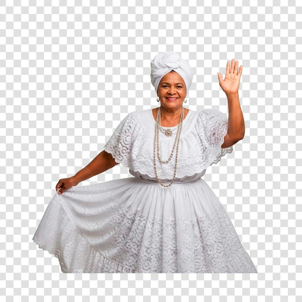Imagem Mulher Negra Baiana Sorrindo Acenando Vestido Branco Renda PNG com fundo transparente