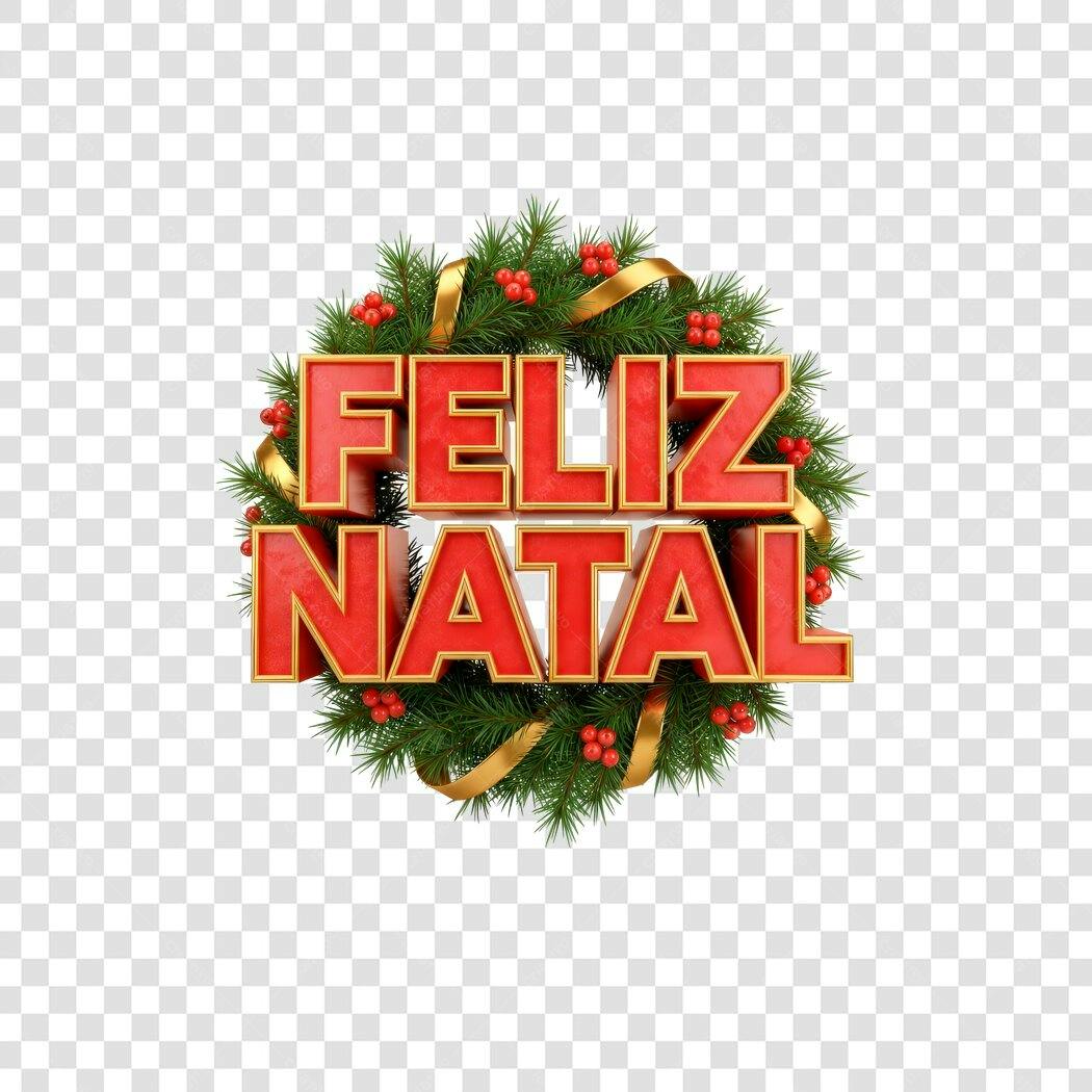 Selo Feliz Natal Letras 3D Vermelhas Guirlanda Verde Dourada PNG com fundo transparente