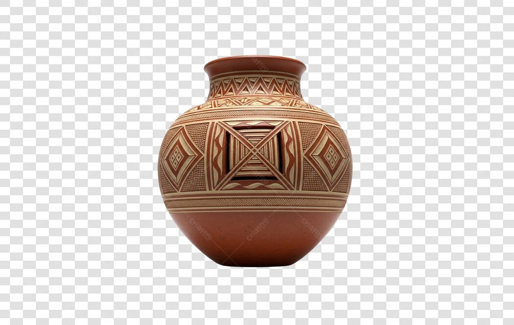 Vaso de Cerâmica Marrom Terracota com Padrões Étnicos PNG com fundo transparente