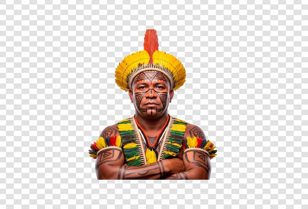 Retrato Homem Indígena Brasileiro Pinturas Faciais Penas Amarelas PNG com fundo transparente