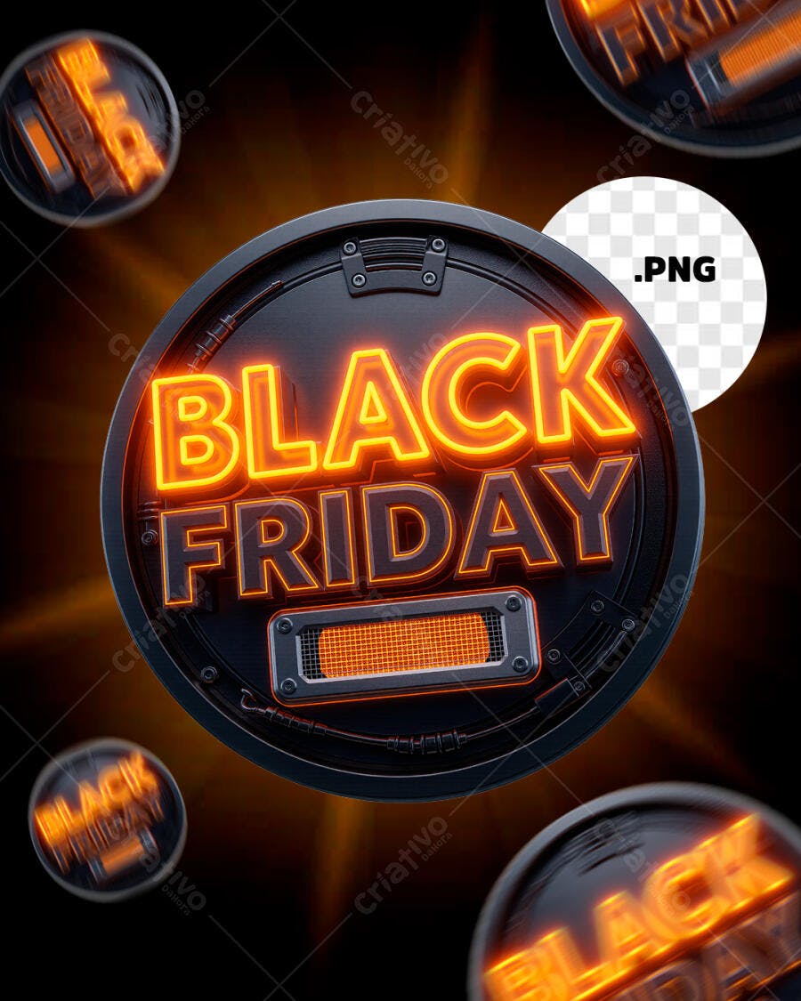 Selo 3D Black Friday com efeito neon laranja PNG com fundo transparente