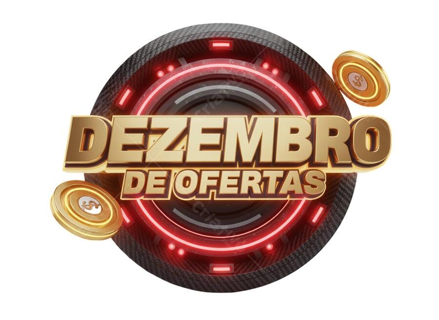 Selo Promocional Dezembro de Ofertas Dourado Vermelho Moedas PNG com fundo transparente