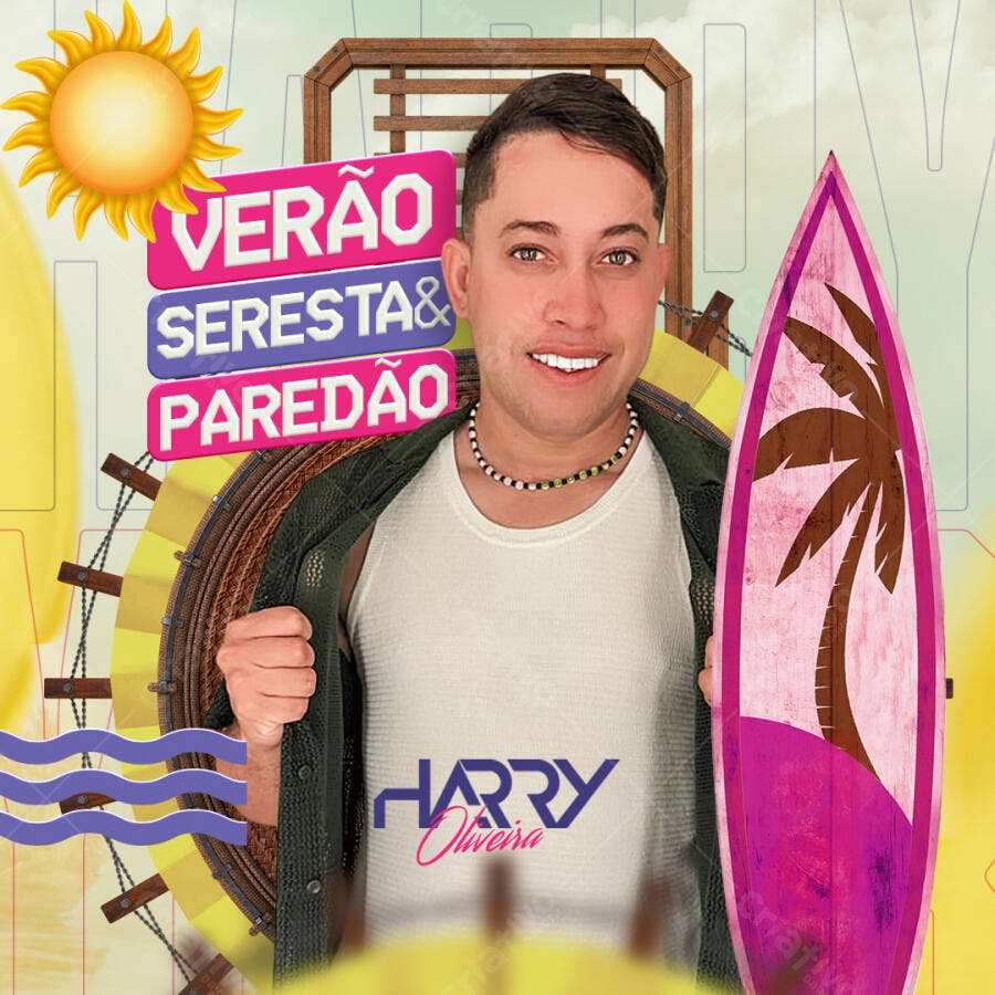 Flyer de Evento Verão Seresta e Paredão com Homem e Prancha de Surf PSD Editável