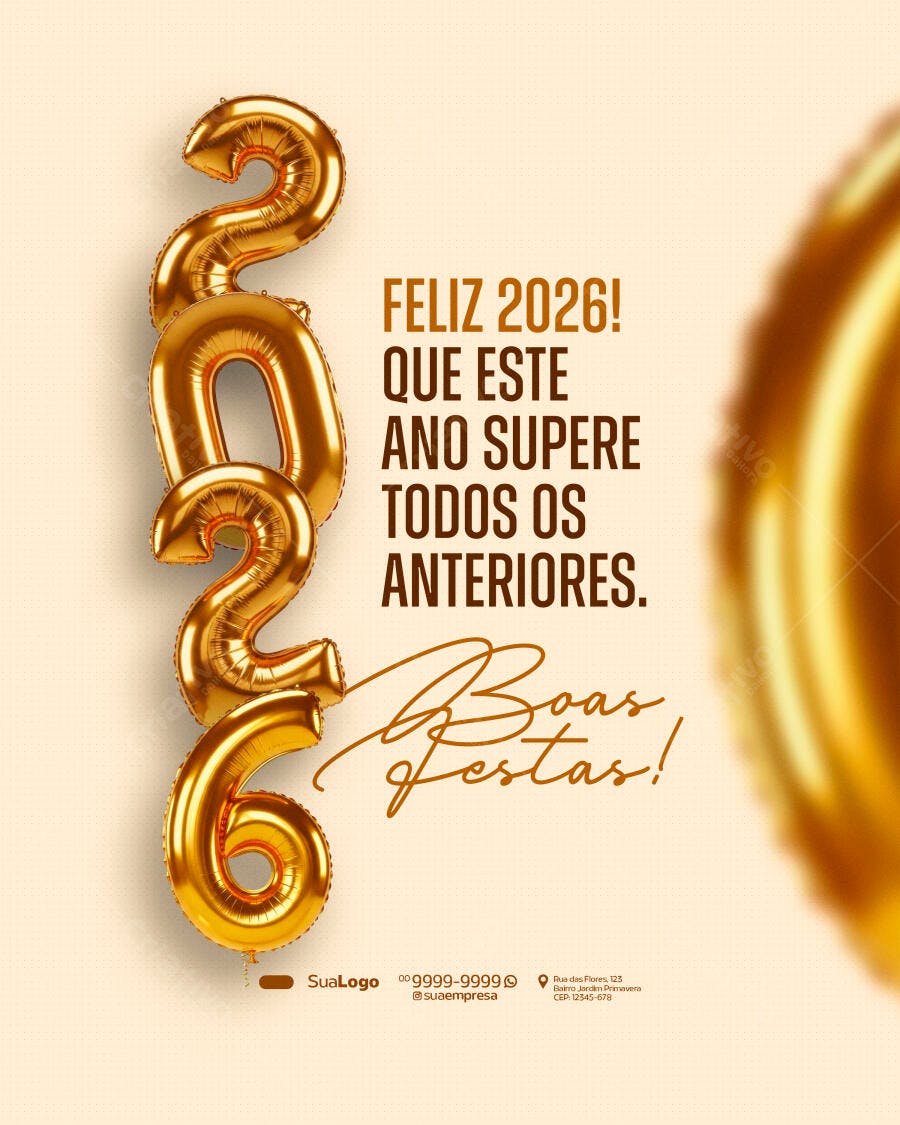 Post Feliz Ano Novo 2026 Balões Dourados PSD Editável