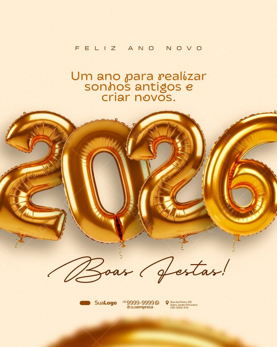 Post de Redes Sociais para Ano Novo 2026 e Boas Festas PSD Editável