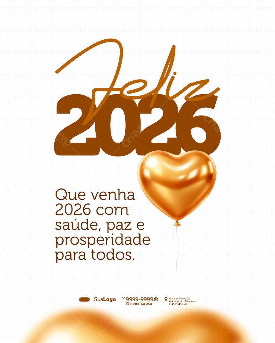 Cartão de Ano Novo 2026 com Balão Coração Dourado PSD Editável
